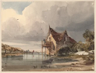 Ein Fluss und ein Cottage mit weißem Zaun
