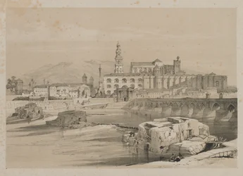 Malerische Skizzen in Spanien: Überreste einer römischen Brücke am Guadalquivir, Cordoba
