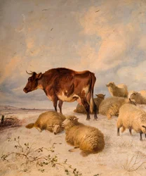 Kühe und Schafe in einer Schneelandschaft, 1864