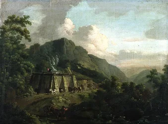 Waldlandschaft mit Arbeitern und Pferden an einem Kalkofen