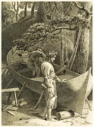 Robinson Crusoe und Freitag bauen ein Boot aus 