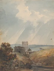 Landschaft mit Schloss, Hügeln und Bergen