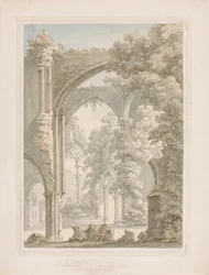 Innenansicht der Tintern Abbey vom Kirchenschiff zum Ostfenster