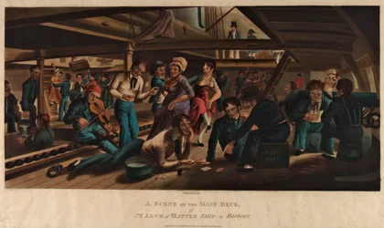 Eine Szene auf dem Hauptdeck eines Linienschiffs im Hafen