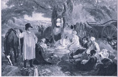 Heuarbeiter beim Abendessen