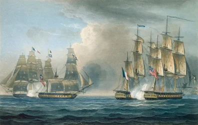 Eroberung der Pomone durch die HMS Arethusa vor Kuba im Jahr 1806, graviert von T. Sutherland für 