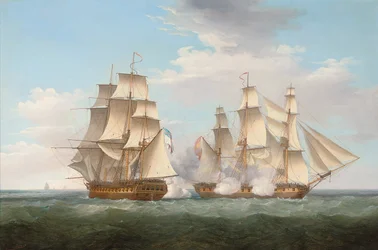 H.M.S. Ethalion im Gefecht mit der spanischen Fregatte Thetis vor Kap Finisterre, 16. Oktober 1799