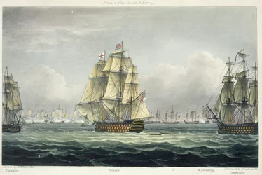 HMS Victory segelt auf die französische Schlachtlinie zu, flankiert von der Euryalus und der HMS Temeraire, in der Schlacht von Trafalgar, Oktober 21., 1805, gestochen von T. Sutherland für „The Naval Chronology of Great Britain“