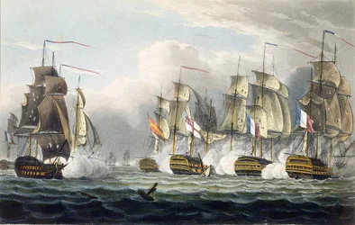 Situation der HMS Bellerophon nach dem Tod ihres Kommandanten Captain Cooke in der Schlacht von Trafalgar, 21. Oktober 1805, graviert von T. Sutherland für 