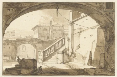 Ansicht durch einen Bogen auf einen italienischen Innenhof