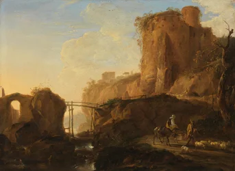 Italianisierende Landschaft mit Brücke und Burgruine