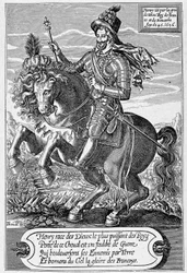 Porträt von Heinrich IV. (1553 - 1610) (auf einem Pferd) im Alter von 45 Jahren, graviert von Thomas de Leu