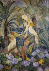 Tropische Landschaft mit Papageien