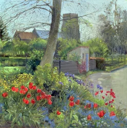 Rote Tulpen und Bedfield Kirche