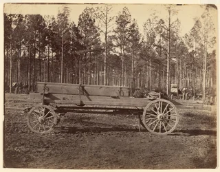 [Wagen mit länglichem Kasten, der möglicherweise Kanonen oder Gewehre transportiert]