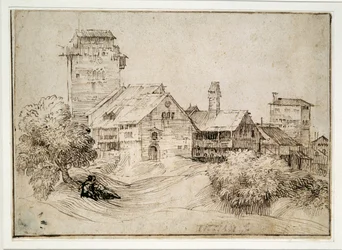 Landschaft mit Gebäuden und Liebenden, umarmend, nach Tizian (Feder & braune Tinte auf Papier)