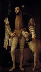 Karl V. (1500-58) Heiliger Römischer Kaiser und König von Spanien mit seinem Hund, 1533