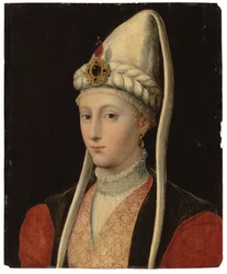 Porträt einer Frau, möglicherweise Haseki Hürrem Sultan, genannt Roxelane, als Brustbild in osmanischer Tracht mit juwelenbesetztem Kopfschmuck