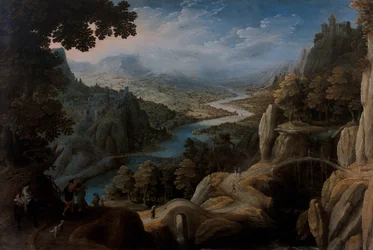 Eine weitläufige bergige Flusslandschaft mit der Versöhnung von Jakob und Laban, eine befestigte Stadt auf einem Kliff darüber hinaus