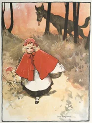 Rotkäppchen auf dem Weg zu ihrer Großmutter, beobachtet von einem finsteren, grinsenden Wolf. Illustration von Tom Browne (1872-1910) für das Märchen. Veröffentlicht 1900