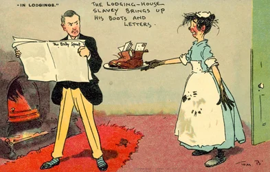 Die Sklavin des Mietshauses bringt seine Stiefel und Briefe (Chromolithografie)