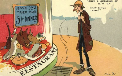 Landstreicher schaut in ein Restaurantfenster