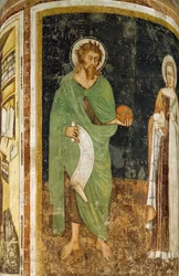 Hl. Agnes und Hl. Johannes der Täufer, Detail von einer Säule, Fresko, St. Nikolaus Kirche, Treviso