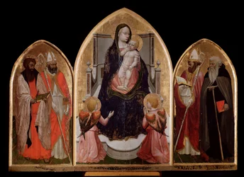 San-Giovenale-Triptychon: Madonna mit Kind, linke Tafel mit dem heiligen Bartholomäus und dem heiligen Blasius, rechte Tafel mit dem heiligen Juvenalis (Giovenale) - Altarbild