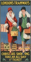 Weihnachtseinkäufe, nehmen Sie ein Ganztagesticket, London County Council LCC Straßenbahnplakat