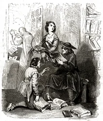 Der Priester Pero Perez und der Barbier Nicolas inspizieren die Bücher in Don Quijotes Bibliothek, ca. 1850 (Illustration)