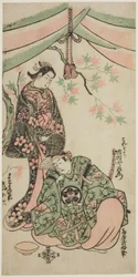 Die Schauspieler Arashi Koroku I als Makomo no Mae und Ichikawa Uzaemon VIII als Taira no Koremochi im Stück "Shusse Momijigari," aufgeführt im Ichimura-Theater im elften Monat, 1747