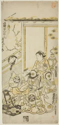 Die Schauspieler Tamazawa Saijiro I als Oiso no Tora und Ichimura Uzaemon VIII als Soga no Juro im Stück "Haru wa Akebono Kuruwa Soga," aufgeführt im Ichimura-Theater im ersten Monat, 1743