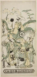 Die Schauspieler Tamazawa Saijiro I als Ushiwakamaru, Segawa Kikunojo I als Oroku und Otani Oniji I als Matano Goro im Stück "Sazareishi Suehiro Genji," aufgeführt im Nakamura-Theater im ersten Monat, 1744