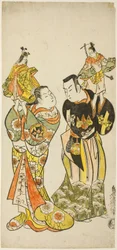 Die Schauspieler Yamashita Kinsaku I und Hayakawa Hatsuse als Puppenspieler im Stück "Tagebuch einer Seereise nach Izu" ("Funadama Izu Nikki"), aufgeführt im Nakamura-Theater im ersten Monat, 1725