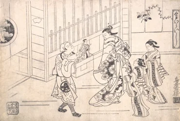 Der Schauspieler Ichimura Takenojo VIII in der Rolle eines Puppenspielers, zeigt Puppen einem Hof, ca. 1715