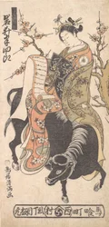 Der Schauspieler Iwai Hanshiro als Kurtisane, die auf einem schwarzen ... reitend einen Liebesbrief liest, ca. 1763.