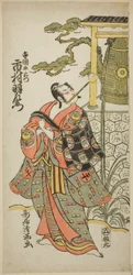 Der Schauspieler Ichimura Uzaemon IX als Teraoka Heiemon im Stück "Hoshi Aikotoba Higashiyama no Sakae," aufgeführt im Ichimura-Theater im neunten Monat, 1763