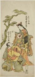 Die Schauspieler Iwai Hanshiro IV als Sakura Hime und Matsumoto Koshiro IV als Priester Seigen im Stück "Wada Sakamori Eiga Kagami," aufgeführt im Namakumura-Theater im ersten Monat, 1773