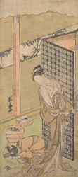 Eine Oiran in Nachtkleidung, pausierend, mit einer Hand auf dem Bildschirm, der ihr Bett umgibt
