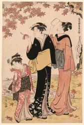 Schönheiten unter einem Ahornbaum, aus der Serie "Eine Sammlung zeitgenössischer Schönheiten der Vergnügungsviertel (Tosei yuri bijin awase)"