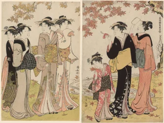 Schönheiten unter einem Ahornbaum, aus der Serie "Eine Sammlung zeitgenössischer Schönheiten der Vergnügungsviertel (Tosei yuri bijin awase)"