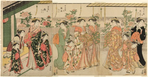 Kurtisanen von Yoshiwara und ihre Begleiter betrachten die Pfingstrosen auf Nakanocho
