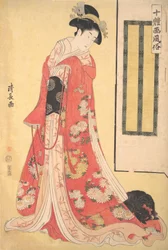 Bilder von zehn Stilen Jittaiga Fuzoku: Eine junge Frau mit einem Hund, ca. 1790-91