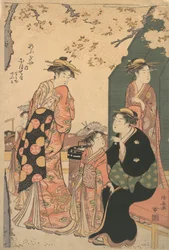 Porträt der Kurtisane Nioteru von Ogiya mit ihren zwei Begleiterinnen Namiji und Ao, ca. 1785