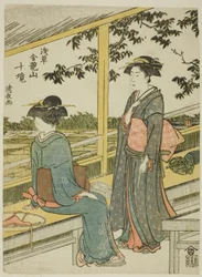 Teesalon mit Blick auf Reisfelder, aus der Serie "Zehn Bezirke des Kinryuzan-Tempels in Asakusa (Asakusa Kinruzan jikkei)"