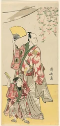 Die Schauspieler Ichikawa Danjuro V und Ichikawa Ebizo IV, aus einem Pentaptychon von elf Schauspielern, die das Fest des Schreins der Soga-Brüder feiern