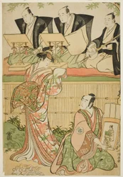 Die Schauspieler Matsumoto Koshiro IV als Ukita Sakingo und Sawamura Sojuro III als Geist der Kurtisane Takao, im Stück "Ominaeshi Sugata no Hatsuaki," aufgeführt im Nakamura Theater, 1788
