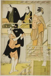 Die Schauspieler Nakamura Riko I als Tanbaya Otsuma und Ichikawa Yaozo III als Furuteya Hachirobei in der joruri "Sakamachi Yoi no Yotsutsuji", aufgeführt im Nakamura-Theater im dritten Monat, 1785