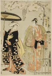 Die Schauspieler Sawamura Sojuro III als Kusunoki Masatsura und Arashi Murajiro als Ben no Naishi, im Shosa "Sode Furu Yuki Yoshino Shui," aufgeführt im Nakamura Theater im elften Monat, 1786
