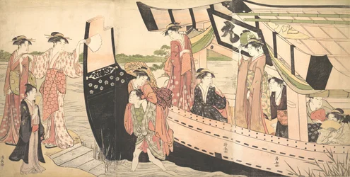 Frauen landen von einem Vergnügungsboot, das am Ufer von Mukojima am Sumida-Fluss angelegt hat, ca. 1785
